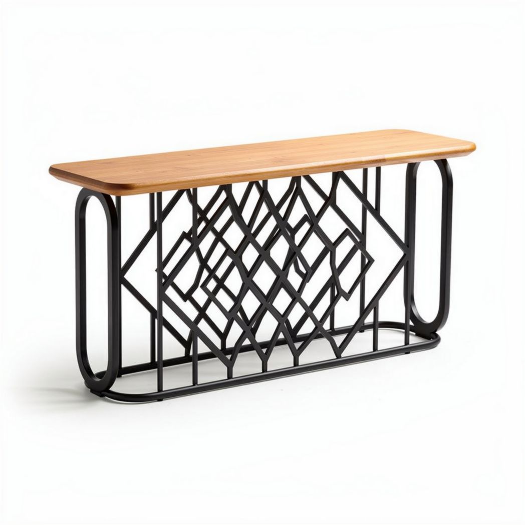 Mesa lateral de madeira natural com estrutura em metal preto 120 x 40 x 75cm