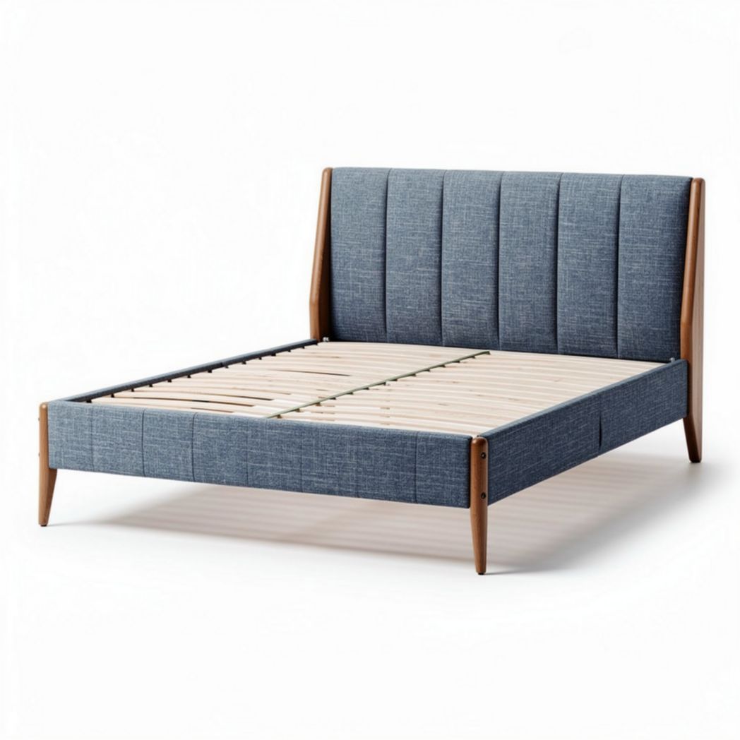 Cama de casal estofada em tecido cinza 200 x 160 x 90cm com estrutura de madeira