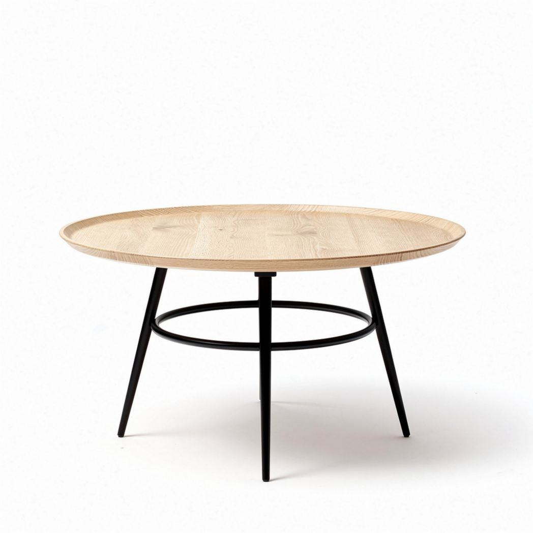 Mesa redonda em madeira com acabamento em carvalho e estrutura metálica preta 70 x 70 x 45cm
